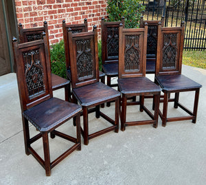 Antique French Set of 8 Chairs Gothic Revival Carved Oak 19th C