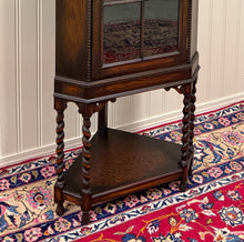 Load image into Gallery viewer, Antique English Jacobean Corner Cabinet Barley Twist Legs Glass Door Oak 1920s