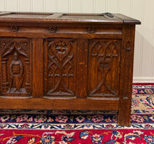 Load image into Gallery viewer, Antique French Gothic Trunk Chest Blanket Box Storage Coffer Knights Oak 19thC