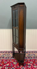 Load image into Gallery viewer, Antique English Jacobean Corner Cabinet Barley Twist Legs Glass Door Oak 1920s