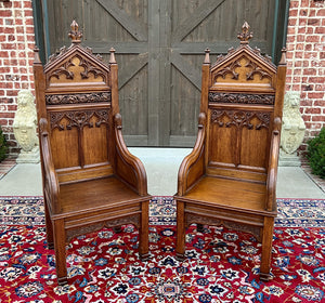 Antique French PAIR Bishops Throne Alter Chairs Gothic Revival Oak 19thC