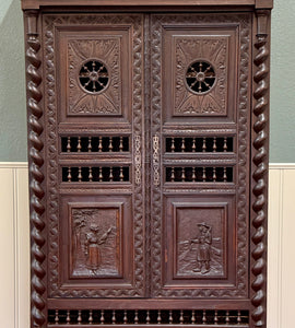 Antique French Breton Armoire Wardrobe Linen Cabinet Barley Twist Chestnut 19C