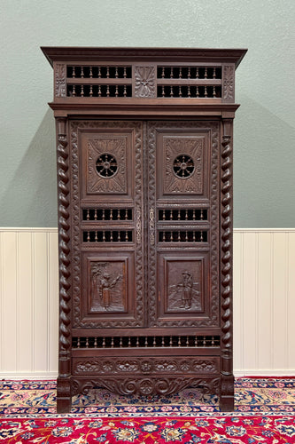 Antique French Breton Armoire Wardrobe Linen Cabinet Barley Twist Chestnut 19C