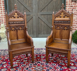 Antique French PAIR Bishops Throne Alter Chairs Gothic Revival Oak 19thC