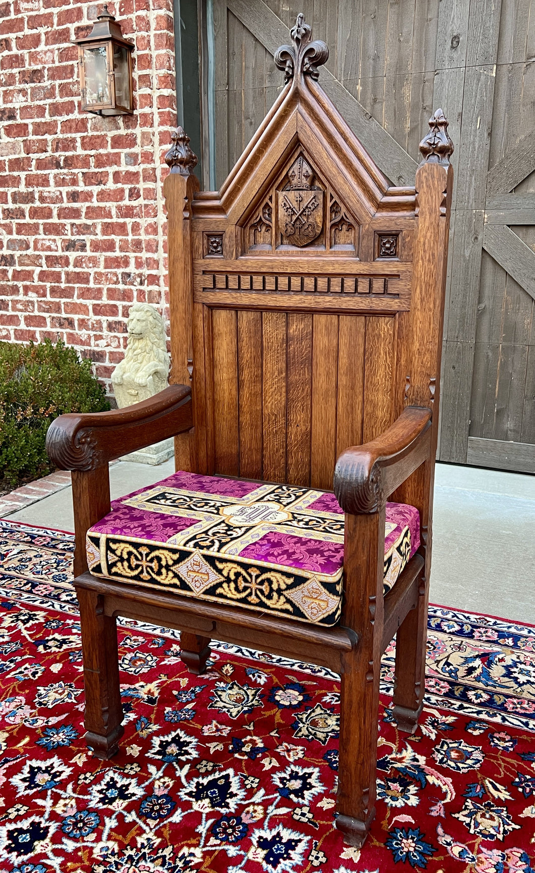 Antique French Chair Gothic Revival Bishops Throne Altar Chair Cushion Oak 19thC