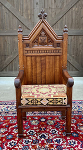 Antique French Chair Gothic Revival Bishops Throne Altar Chair Cushion Oak 19thC