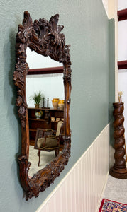 Antique French Rococo Mirror Framed Hanging Wall Mirror Rectangular Carved Oak