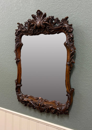Antique French Rococo Mirror Framed Hanging Wall Mirror Rectangular Carved Oak