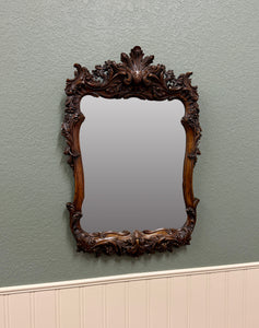 Antique French Rococo Mirror Framed Hanging Wall Mirror Rectangular Carved Oak