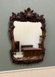 Antique French Rococo Mirror Framed Hanging Wall Mirror Rectangular Carved Oak