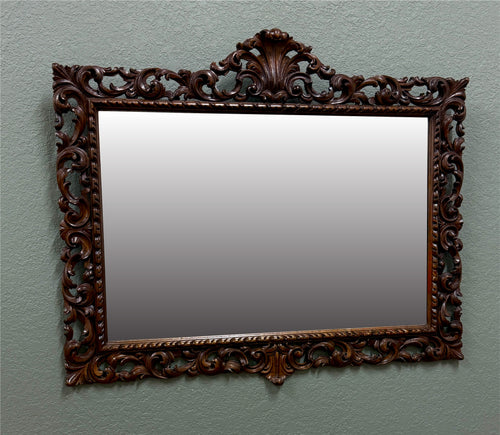 Antique French Mirror Framed Beveled LARGE Rectangular Oak Renaissance c. 1900