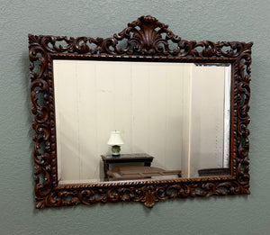 Antique French Mirror Framed Beveled LARGE Rectangular Oak Renaissance c. 1900
