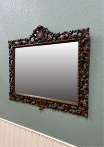 Antique French Mirror Framed Beveled LARGE Rectangular Oak Renaissance c. 1900