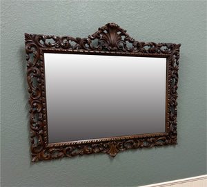 Antique French Mirror Framed Beveled LARGE Rectangular Oak Renaissance c. 1900