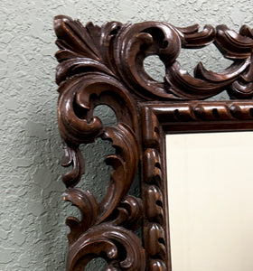 Antique French Mirror Framed Beveled LARGE Rectangular Oak Renaissance c. 1900