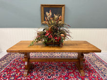 Load image into Gallery viewer, Antique French Country Farm Dining Table Farmhouse Trestle Base Honey Oak 1930s