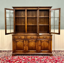 Load image into Gallery viewer, Antique English Large Bookcase Cupboard Cabinet Triple Door Glass Oak c. 1930s