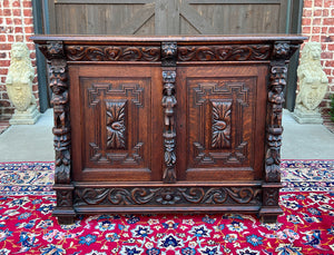 Antique French Renaissance Revival Server Sideboard Buffet Cabinet Oak 19C