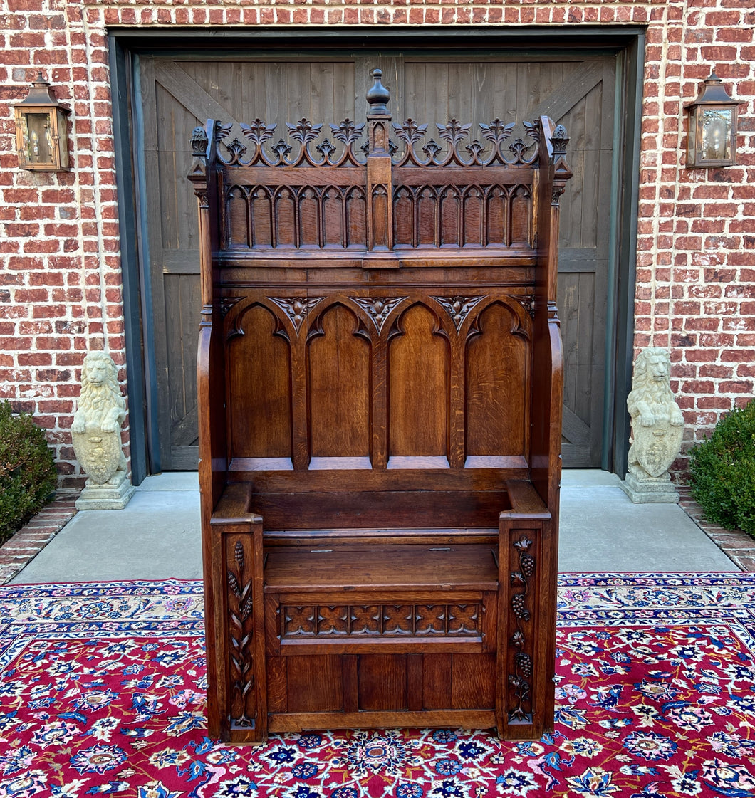 Antique French Bench Settee Gothic Revival Oak Church Bench Trunk 74