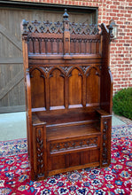 Load image into Gallery viewer, Antique French Bench Settee Gothic Revival Oak Church Bench Trunk 74&quot; Tall 19C