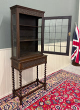 Load image into Gallery viewer, Antique English Oak Jacobean Revival Barley Twist Bookcase Display Cabinet 1900s
