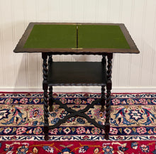Load image into Gallery viewer, Antique English Flip Top Game Table Barley Twist Side Table Carved Oak c. 1930s