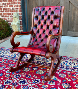 Vintage English Chesterfield Leather Tufted Rocking Chair Oak Red Mid Century