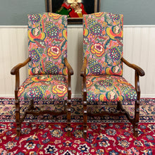 Load image into Gallery viewer, Antique Pair of Catalan Style Carved Oak Recently Upholstered Armchairs c. 1920s