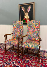Load image into Gallery viewer, Antique Pair of Catalan Style Carved Oak Recently Upholstered Armchairs c. 1920s