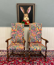 Load image into Gallery viewer, Antique Pair of Catalan Style Carved Oak Recently Upholstered Armchairs c. 1920s
