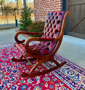 Vintage English Chesterfield Leather Tufted Rocking Chair Oak Red Mid Century