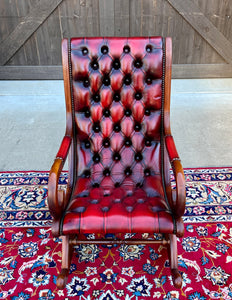 Vintage English Chesterfield Leather Tufted Rocking Chair Oak Red Mid Century