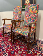 Load image into Gallery viewer, Antique Pair of Catalan Style Carved Oak Recently Upholstered Armchairs c. 1920s