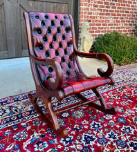 Load image into Gallery viewer, Vintage English Chesterfield Leather Tufted Rocking Chair Oak Red Mid Century