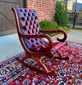 Vintage English Chesterfield Leather Tufted Rocking Chair Oak Red Mid Century