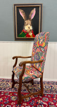 Load image into Gallery viewer, Antique Pair of Catalan Style Carved Oak Recently Upholstered Armchairs c. 1920s