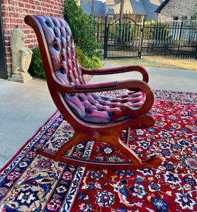 Vintage English Chesterfield Leather Tufted Rocking Chair Oak Red Mid Century