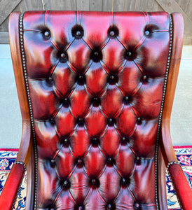Vintage English Chesterfield Leather Tufted Rocking Chair Oak Red Mid Century