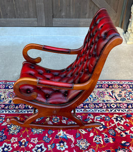 Vintage English Chesterfield Leather Tufted Rocking Chair Oak Red Mid Century