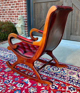 Vintage English Chesterfield Leather Tufted Rocking Chair Oak Red Mid Century