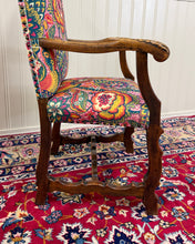 Load image into Gallery viewer, Antique Pair of Catalan Style Carved Oak Recently Upholstered Armchairs c. 1920s