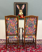 Load image into Gallery viewer, Antique Pair of Catalan Style Carved Oak Recently Upholstered Armchairs c. 1920s