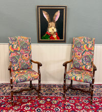 Load image into Gallery viewer, Antique Pair of Catalan Style Carved Oak Recently Upholstered Armchairs c. 1920s
