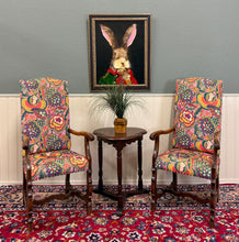 Load image into Gallery viewer, Antique Pair of Catalan Style Carved Oak Recently Upholstered Armchairs c. 1920s
