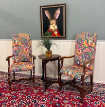 Load image into Gallery viewer, Antique Pair of Catalan Style Carved Oak Recently Upholstered Armchairs c. 1920s