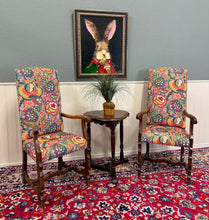 Load image into Gallery viewer, Antique Pair of Catalan Style Carved Oak Recently Upholstered Armchairs c. 1920s
