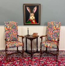 Load image into Gallery viewer, Antique Pair of Catalan Style Carved Oak Recently Upholstered Armchairs c. 1920s