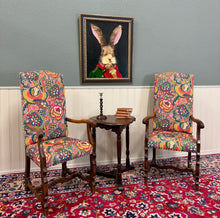 Load image into Gallery viewer, Antique Pair of Catalan Style Carved Oak Recently Upholstered Armchairs c. 1920s