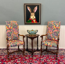 Load image into Gallery viewer, Antique Pair of Catalan Style Carved Oak Recently Upholstered Armchairs c. 1920s