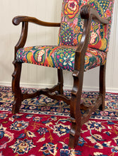 Load image into Gallery viewer, Antique Pair of Catalan Style Carved Oak Recently Upholstered Armchairs c. 1920s